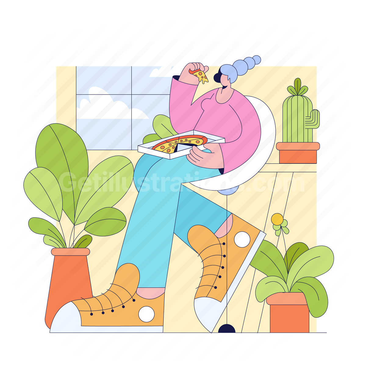 woman, house, home, pizza, plant